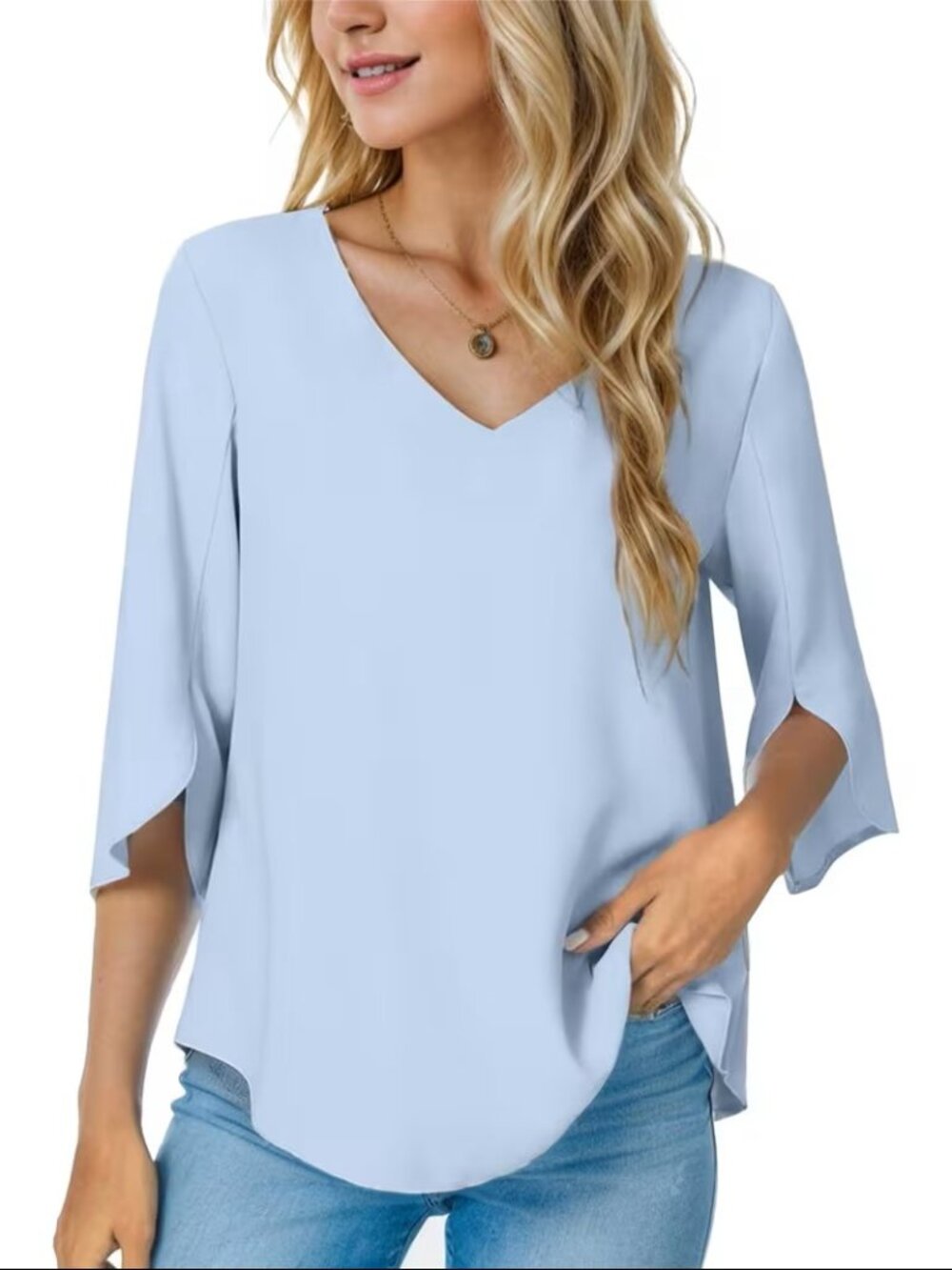 Women's Tops Fashionable Casual Three Quarter Sleeve V Neck Work Shirt